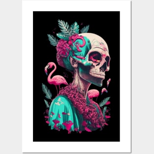 Pink Flamingo Skull Breast Cancer Awareness Halloween Posters and Art